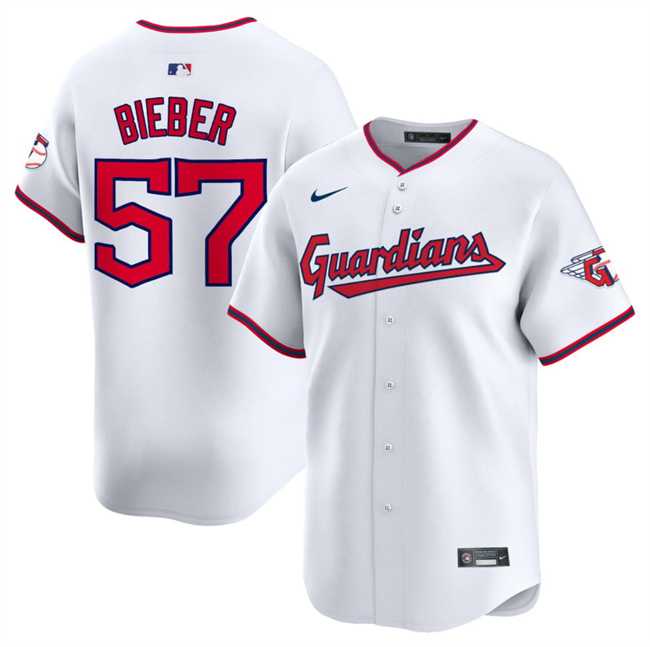 Mens Cleveland Guardians #57 Shane Bieber White Home Limited Stitched Jersey Dzhi